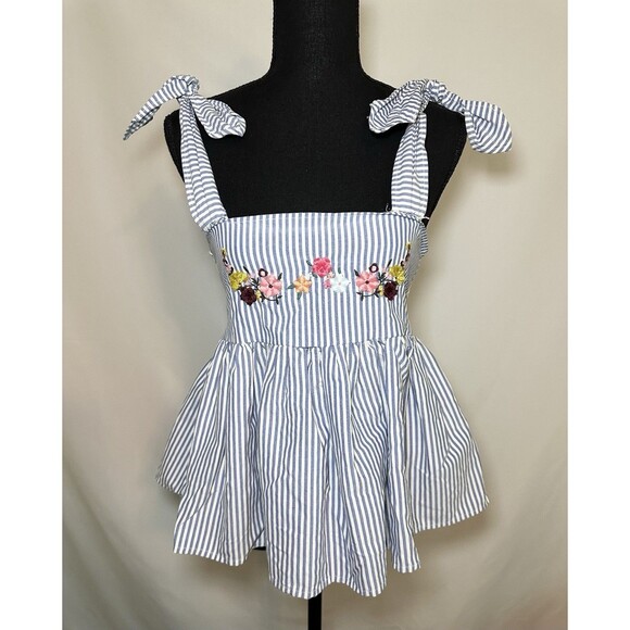 Zara Floral Embroidered Blue Stripe Peplum Tie Shoulder Sleevless Top Women's S - Picture 2 of 14